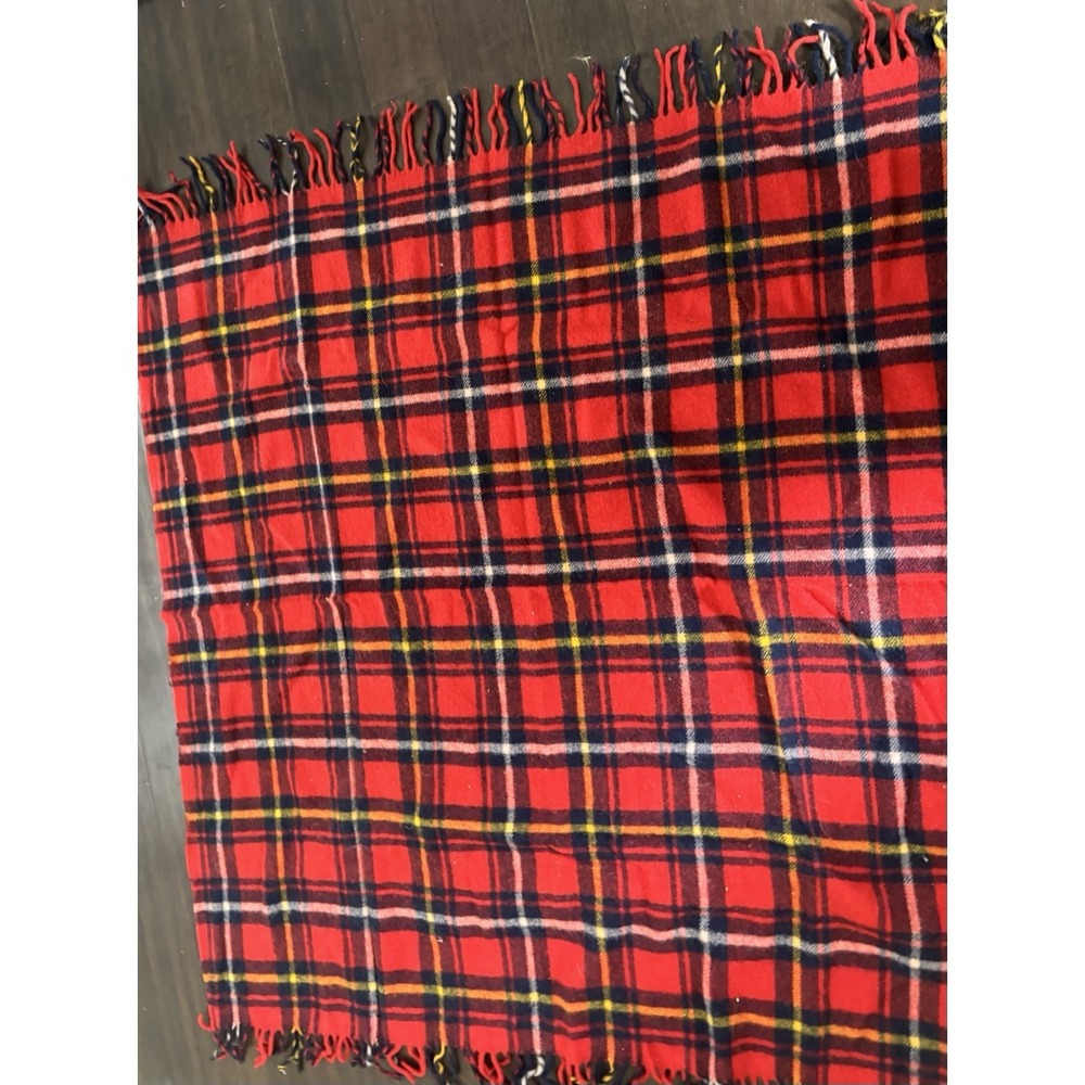 Vtg Wool Stadium Blanket Throw Red Tartan Plaid With Carrying Case/ Bag 48x48"
